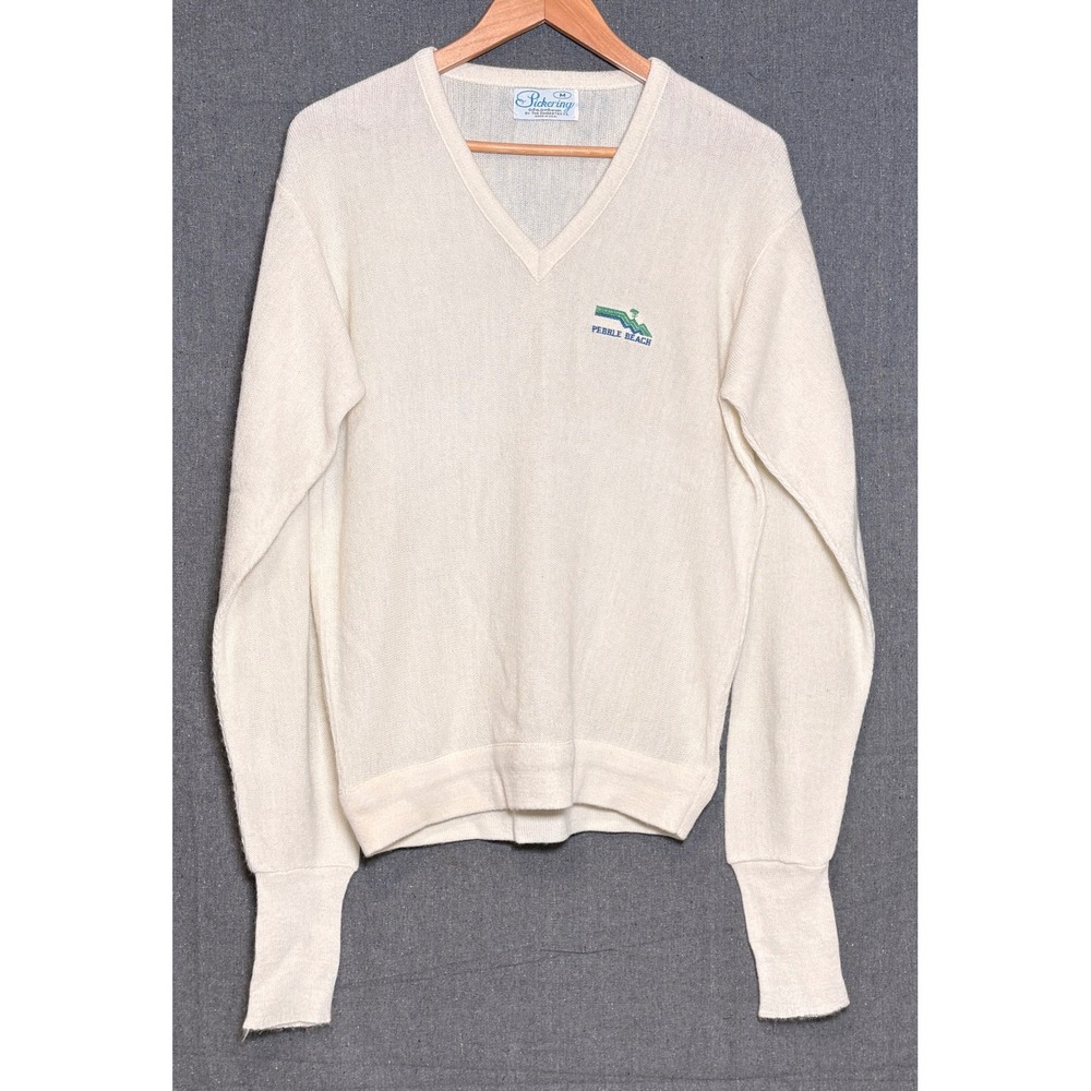 Vintage Pickering Pebble Beach Golf V-Neck Sweater Mens‎ Medium Cream USA Made